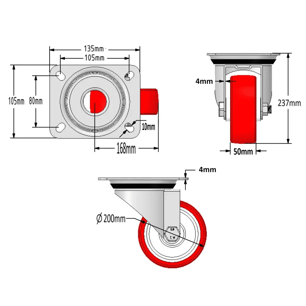 200mm Polyurethane Castors